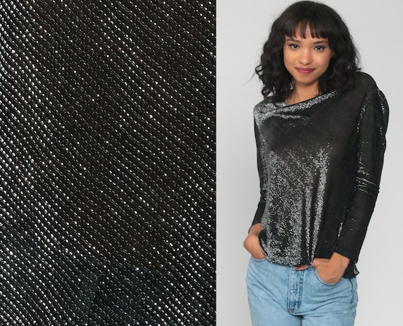 SHEER Metallic Top Black SILVER Blouse Bowl Neck … - image 1