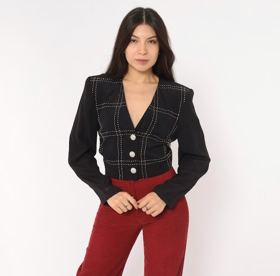 90s Grid Stitch Cropped Blazer Black White Windowpane Embroidered V Neck Button Front Jacket Karen Kane Night Out Preppy Extra Small XS