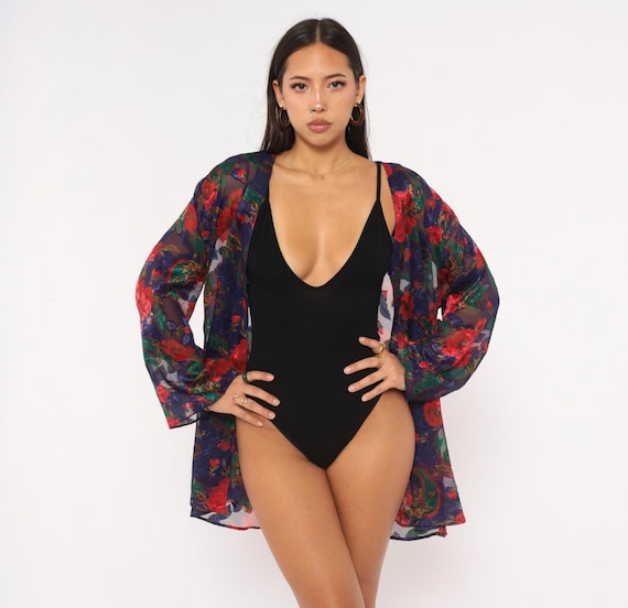 Sheer Floral Robe 90s Victoria's Secret Button Front V Neck Bell Sleeve Navy Red Rose Paisley Loungewear Lingerie Coverup Vintage Medium M