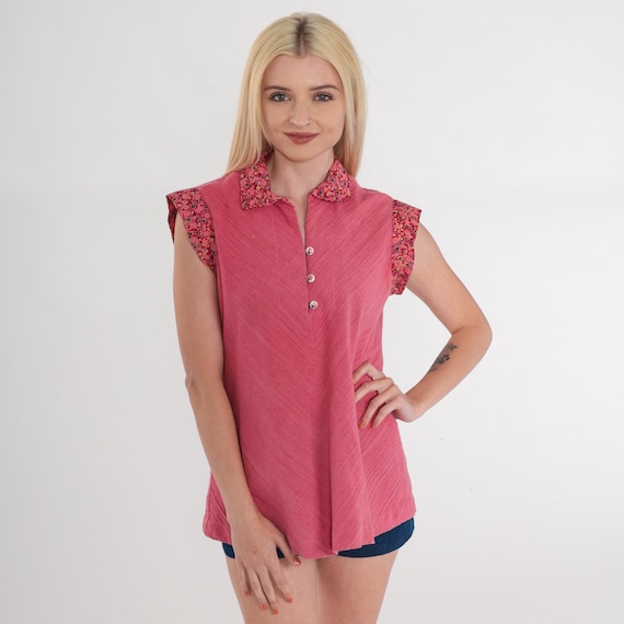 Pink Floral Blouse 70s Top Cap Sleeve Collared Shirt Flower Print Trim Button up Retro Bohemian Summer Seventies Preppy Vintage 1970s Medium