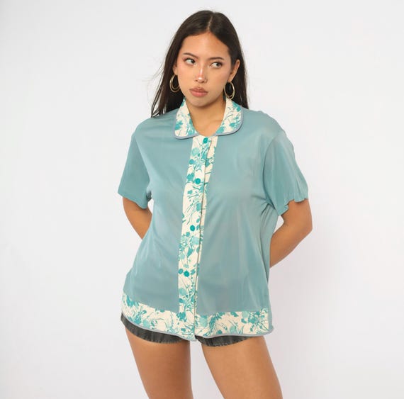 70s Semi Sheer Blue Blouse Floral Trim Peter Pan Collar Button Front Short Sleeve Boxy Teal White Flower Lingerie Pajama Top Vintage Medium