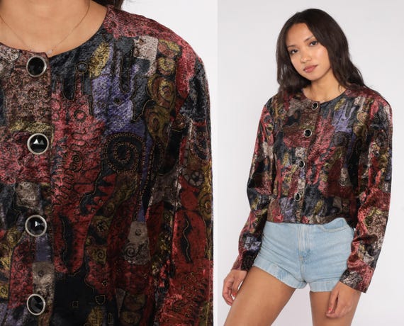 90s Abstract Jacket Cropped Button Front Multicol… - image 2