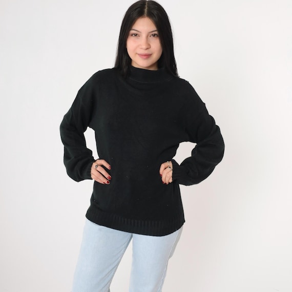 Vintage Black Sweater 80s Knit Pullover Mock Neck Sweater Retro Basic Plain Simple Jumper Mockneck Minimalist 1980s Medium