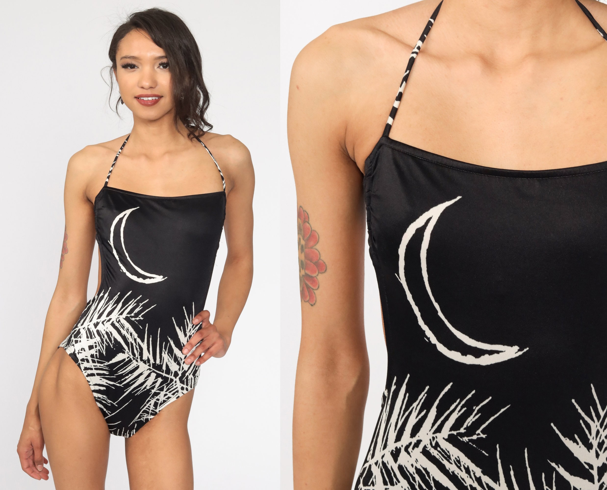 One Piece Swim Suit Tropical Moon Bathing Suit 80s Swimsuit Black Halter Neck Vintage 1980s White Small Xs S One Piece Swim Suit Tropical Moon Bathing Suit 80s Swimsuit Black Halter Neck Vintage 1980s White Small Xs S