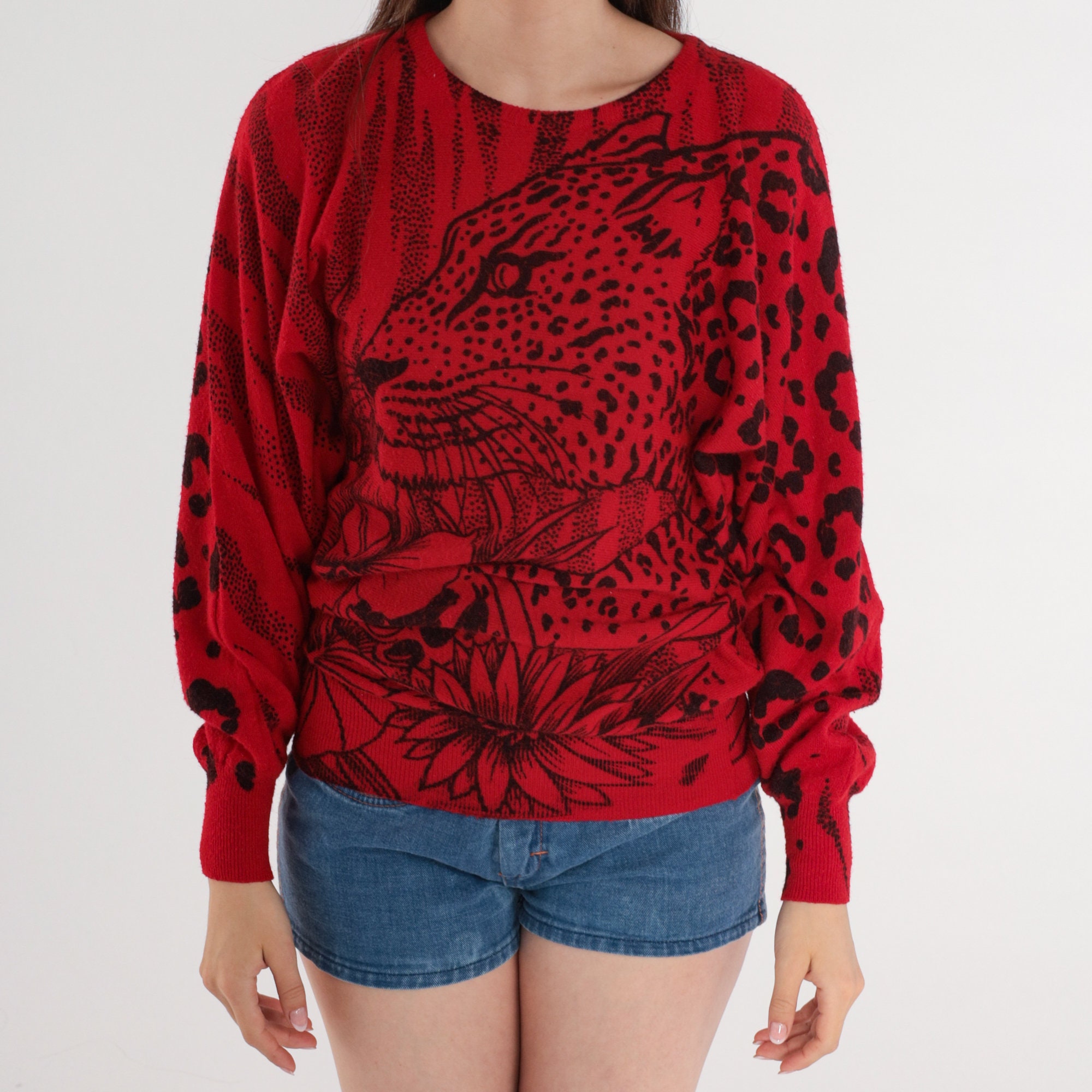 Leopard Print Sweater 80s Dolman Sleeve Animal Print Sweater Red ...