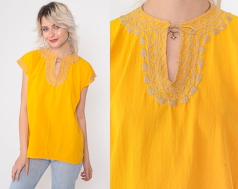 Embroidered Tunic Top Warm Yellow Shirt 90s Hippie Blouse Bohemian Festival Boho Top 1990s Keyhole V Neck Short Sleeve Small S