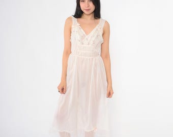 Vintage Sheer White Nightgown 70s Pink Floral Embroidered Midi Dress Ruffled Lace Trim Bow Detail Cottagecore Negligee Lingerie Small 32