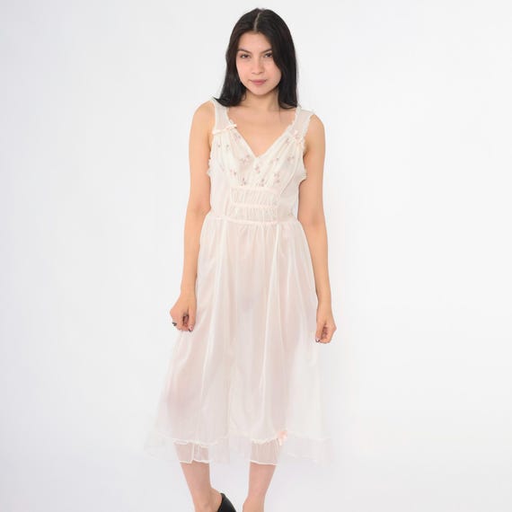Vintage Sheer White Nightgown 70s Pink Floral Embroidered Midi Dress Ruffled Lace Trim Bow Detail Cottagecore Lingerie Small 32
