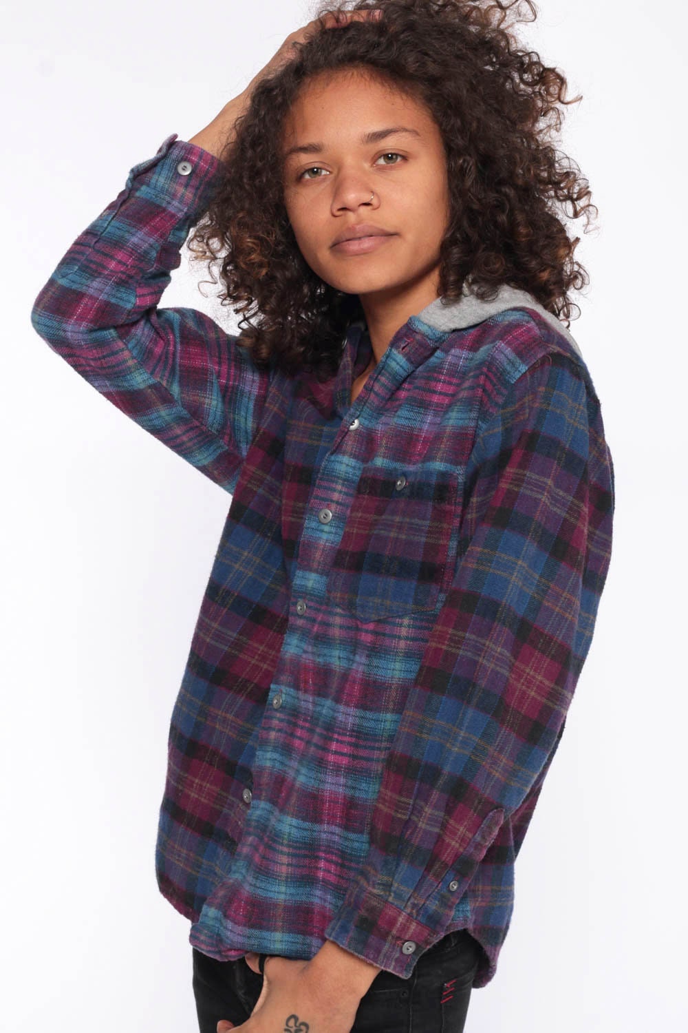 90s Plaid Hoodie Shirt Purple Flannel -- 1990s Blue Patchwork Lumberjack 1980s Grunge Hooded 