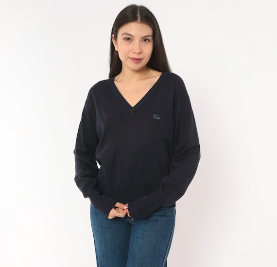 80s Izod Lacoste V Neck Sweater Navy Blue Wool Blend Pullover Knit Top Preppy Collegiate Academic School Raglan Sleeve Dark Vintage Small S