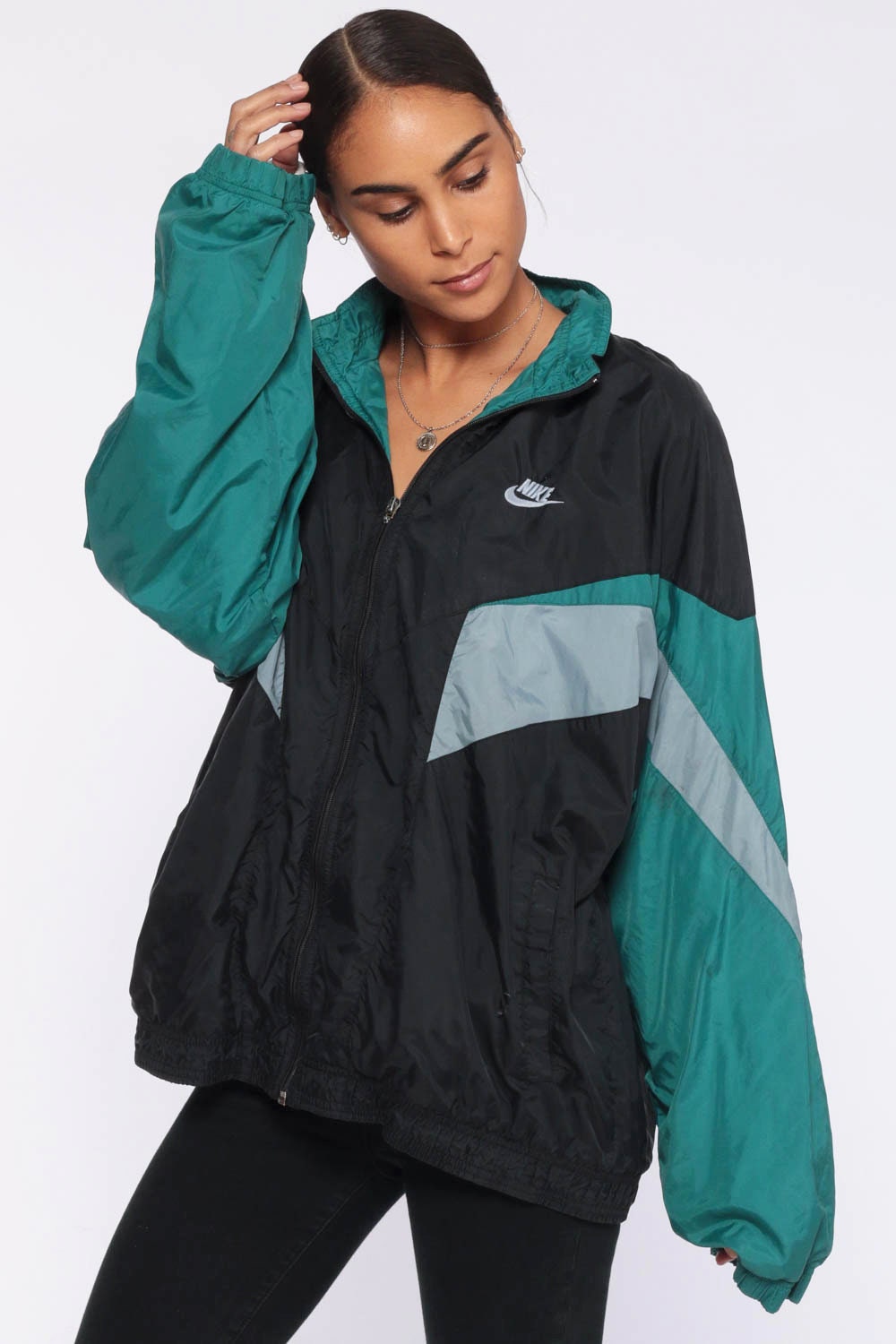 Black Nike Windbreaker Jacket 90s Shell Zip Jacket Striped Streetwear Green Color Block Vintage 