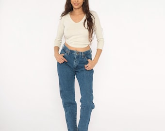 Wrangler Jeans 90s High Waisted Denim Pants Straight Leg Medium Wash Blue Western Cowboy Rodeo Faded Vintage Slim Fit Cowgirl Ranch Small S