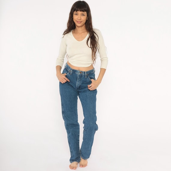 Wrangler Jeans 90s High Waisted Denim Pants Straight Leg Medium Wash Blue Western Cowboy Rodeo Faded Vintage Slim Fit Cowgirl Ranch Small S