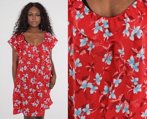 Hawaiian Mini Dress 80s Red Floral Dress Short Sleeve Shift 1980s Boho Dress Summer Tropical Dress Ruffle Scoop Neck Vintage Bohemian Large