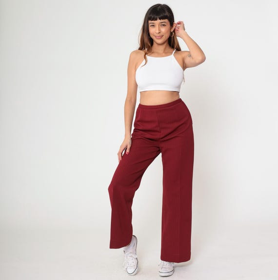 70s Burgundy Wide Leg Pants Vintage Retro Flared High Rise Waisted Pants Simple Preppy Seventies 1970s Small S