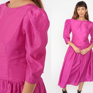80s Prom Dress Fuchsia Pink Party Dress Puff Sleeve Drop Waist Fit & Flare Full Skirt Midi Dress Retro Eighties Vintage 1980s Formal Small S