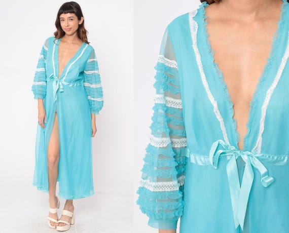 70s Blue Housecoat Robe Sheer Ruffle Lace Trim Sleeves Aqua Turquoise Lounge Dressing Gown Fairycore Coquette Cottagecore Lingerie Medium M