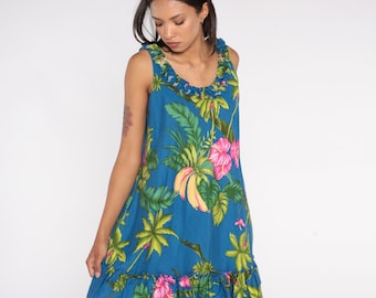 Y2K Tropical Dress Hawaiian Banana Mini Dress 00s Sleeveless Surfer Dress Aloha Sundress Floral Palm Tree Fruit Summer Green Blue Pink Large