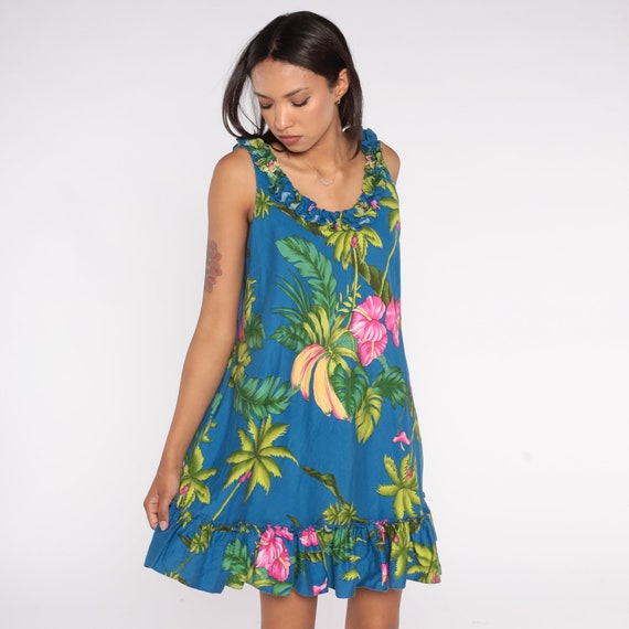 Y2K Tropical Dress Hawaiian Banana Mini Dress 00s Sleeveless Surfer Dress Aloha Sundress Floral Palm Tree Fruit Summer Green Blue Pink Large
