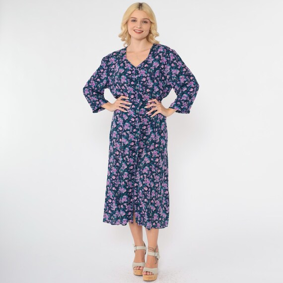 Vintage Floral Grunge Dress 90s Purple Wildflower Dress Button Up Boho Midi Blue Draped Flowing 1990s Bohemian Long Sleeve Large 12
