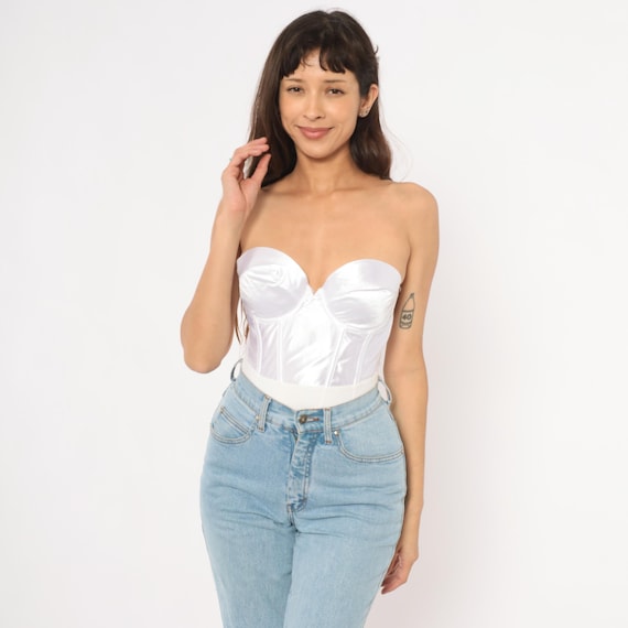 White Satin Bustier 90s Wonderbra Strapless Corset Top Sweetheart Neckline Lingerie Ivory Cropped Bralette Vintage Coquette Balletcore 34C