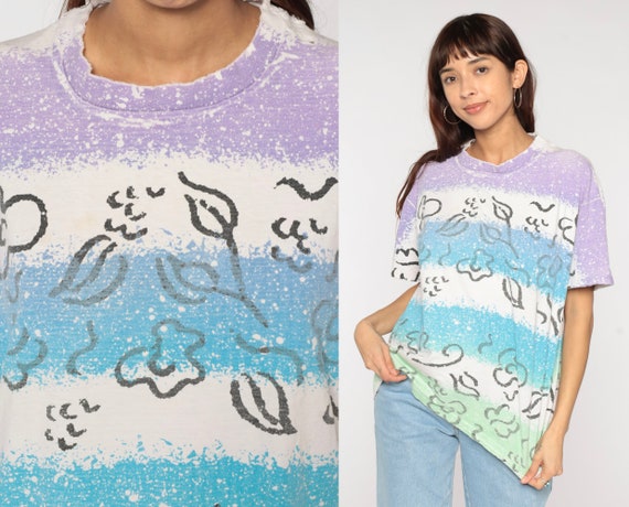 Floral T Shirt 90s Bleach Splatter Tee White Blue Graphic Tshirt Short Sleeve TShirt Flower Print Shirt 1990s Vintage Striped Extra Large xl
