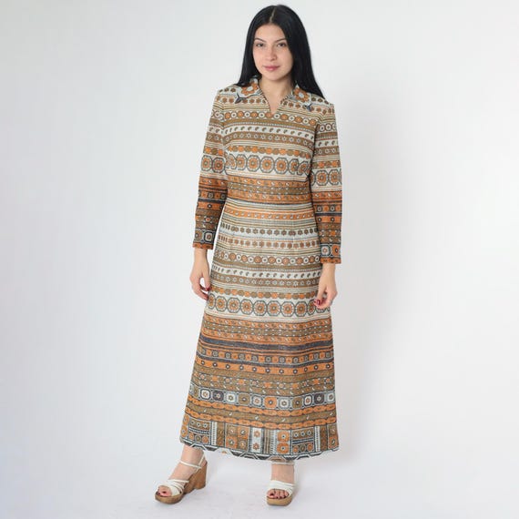 Vintage 70s Metallic Maxi Dress Bohemian Olive Orange Geometric Print Glitter Long Sleeve Pointed Collar Disco Boho Mod Retro 1970s Medium M