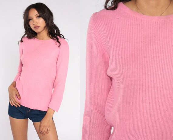 Pink Sweater Top 70s Pullover Knit Sweater Retro Crewneck Jumper Basic Plain Crew Neck Simple Spring Girly Acrylic Vintage 1970s Medium M