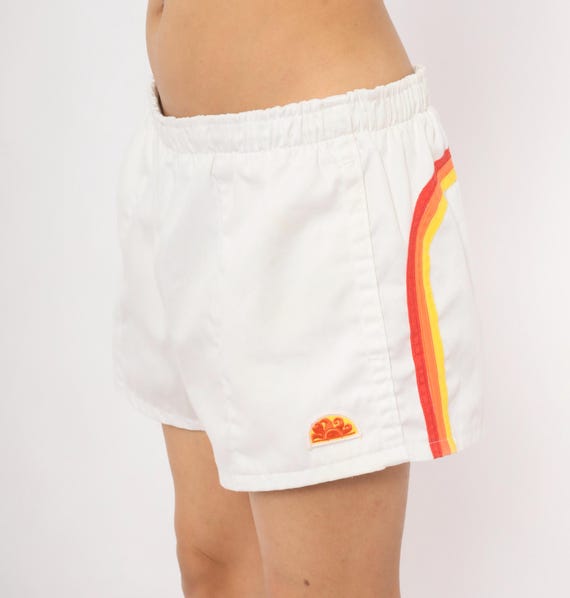 80s Sundek Shorts White Cotton Running Athletic Rainbow Stripe Warm Tone Sporty Vintage Summer Beach Vacation Short Inseam Unisex Medium M