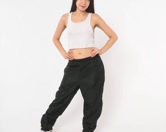 90s Black Windbreaker Pants Nylon Track Joggers Zippered Ankle Cuff Colorful Lined Athletic Sportswear Vintage Trousers Sport Medium M