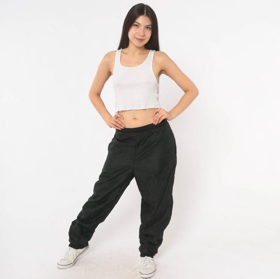 90s Black Windbreaker Pants Nylon Track Joggers Zippered Ankle Cuff Colorful Lined Athletic Sportswear Vintage Trousers Sport Medium M