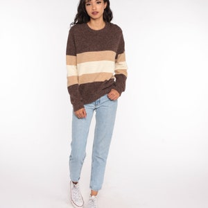 Brown Striped Sweater Cream Sweater 80s Knit Sweater Slouchy Pullover Jumper 1980s Vintage Retro Stripes Medium image 2