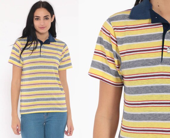 Yellow Polo Shirt 80s Striped Shirt Paper Thin Burnout Retro Half Button Up Collared Shirt 1980s Nerd Geek Red Blue Vintage Extra Small xs