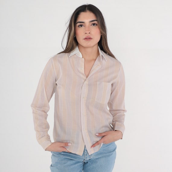 Striped Shirt 80s Button Up Shirt Semi-Sheer Tan Pink Long Sleeve Chest Pocket Collared Preppy Retro Vintage 1980s Extra Small xs