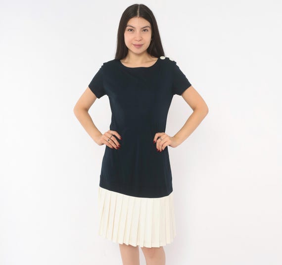 90s Drop Waist Dress Navy Cream Pleated Hem Colorblock Short Sleeve Button Shoulder Preppy Collegiate Two Tone  Vintage Robbie Bee Small S