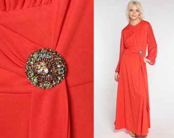 1970s Maxi Dress Red Rhinestone Disco Dress High Waist 70s Boho Grecian Party Long Sheer Sleeve Draped Sash Bohemian Formal Medium