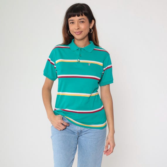 Green Striped Polo Shirt 80s Duck Crest Collared T-Shirt Retro Short Sleeve Top Preppy Single Stitch Primary Color Vintage 1980s Large L
