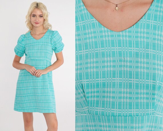 Checkered Babydoll Dress 60s Mod Mini Dress Blue Plaid Puff Sleeve Minidress Empire Waist Retro Girly Sixties Day Party Vintage 1960s Small Etsy UK