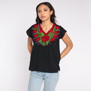 Black Embroidered Blouse Mexican Top Y2K Floral Rose Print Cotton Top Boho Hippie Shirt 00s Bohemian Vintage Tent Shirt Summer Small S image 3