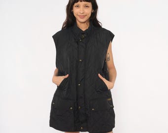 Chaleco negro acolchado Polo Ralph Lauren con botones a presión, pespuntes en la parte delantera, cuello sin mangas, forro a cuadros, estilo Y2K Gorpcore, talla XL (extragrande)