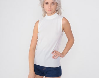 White Tank Top 70s Ribbed Sleeveless Mock Neck Shirt Basic Plain Retro High Neck Tank Top Turtleneck Mod Boho Vintage 1970s Small xs