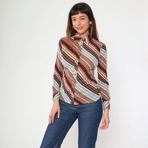 70s Disco Top Diagonal Striped Dagger Collar Shirt Multicolored Hippie Blouse Bohemian Shirt 1970s Long Sleeve Button Up Boho Extra Small xs
