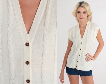 Vit tröjväst 70-tals kabelstickad topp med knappar, kortärmad, tröja, retro, preppy, vår, lager-på-lager, boho, hippie, akryl, vintage, 1970-tal, liten