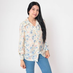 Off-White Floral Blouse 70s Disco Shirt Puff Sleeve Button Up Top Collared Bohemian Retro White Blue Pink Flower Print Vintage 1970s Medium image 4
