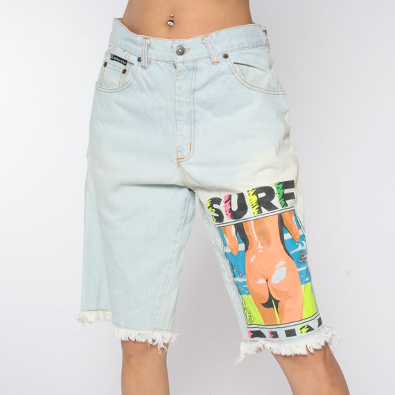 Surfer Jean Shorts Neon 80s Denim Shorts Surf Babe Bermuda Jean Shorts Blue 80s Denim Shorts High Waisted 1990s Vintage Sexy Medium Large 32