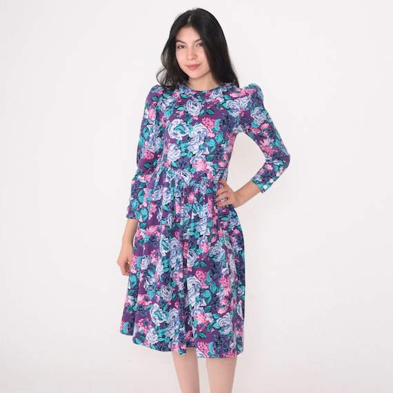 Purple Floral Dress 80s Puff Sleeve Midi Dress Basque Waist Ruffled Flower Print Boho Secretary Retro Day Cotton Vintage 1980s Cary 2xs xxs