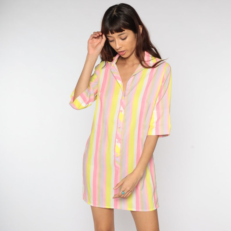 60s Shirt Dress Striped Day Dress Pink Shift Mini Dress Button Up Pastel Yellow Vintage Short Sleeve Shirtdress Button Up 1960s Medium image 3