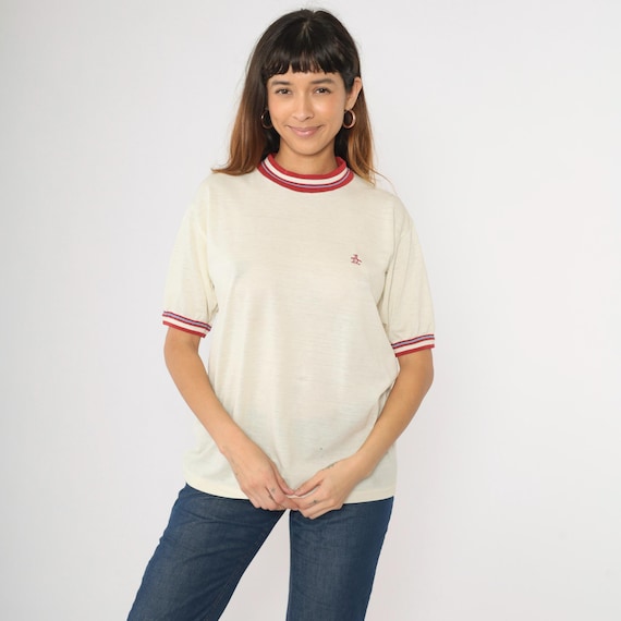 Vintage Munsingwear Shirt Grand Slam Ringer Tee Shirt 80s Semi-Sheer Cream Penguin T Shirt Striped Ringer Neck Tshirt Medium M