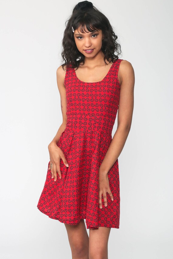 90s Babydoll Dress Red Mini Geometric High Waist 1990s Vintage Boho Sleeveless Fit and Flare Dress Extra Small xs