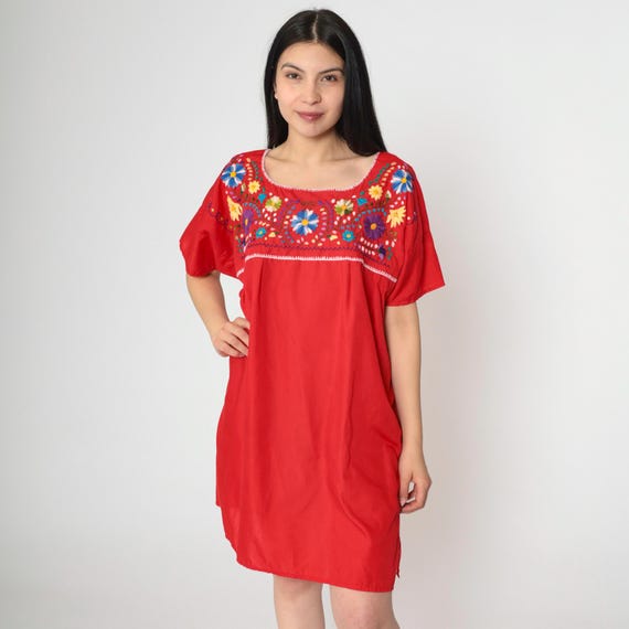 Mexican Embroidered Dress Red Mini Boho Cotton Tunic Hippie Floral Bohemian Vintage Embroidery Traditional xxl